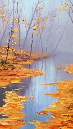 an oil painting of trees and water in the fall