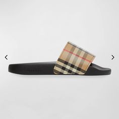 Slips On Polyurethane Upper Lining: Synthetic Synthetic Sole Imported Burberry's Furley Slides Boast A Rounded Toe And The Label's Signature Tartan Plaid Print On A Wide Strap. Too Small, New In Box Burberry Shoes, Plaid Print, Tartan Plaid, Wide Straps, Black Tan, Black And Tan, Slide Sandals, Women's Shoes Sandals, Leather Sandals