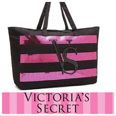 Victoria's Secret Bling Tote Bag. This Is An Eye Catcher!! It Is Black Cotton Canvas With Fuchsia Sequin Stripes On Both Sides. Included A Zipper Closure. Very Spacious & Roomy On The Inside! Perfect For Shopping, The Gym Or Travel. Bags 2014, Gold Tote Bag, Victoria Secret Tote Bags, Black Flip Flops, Victoria Secret Pink Bags, Pink Tote, Victoria Secrets, Victoria Secret Bags, Large Tote Bag