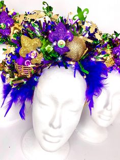 Enjoy your one-of-a-kind glitter & feather Mardi Gras LED headpiece with 3 different light settings. Each headpiece is unique but all include purple, green & gold and one purple.  Mardi Gras Fascinator, Headpiece, Headband, Carnival, Showgirl or Burlesque Accessory