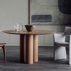 Atwood Dining Table Dining Table Contemporary, Contemporary Round Dining Table, Wood Top Dining Table, Wooden Pillars, Linen Dining Chairs, Wood Table Bases, Leather Side Chair, Contemporary Dining Table, Round Table Top