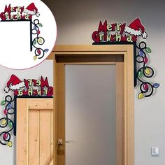 an open door with christmas decorations on it