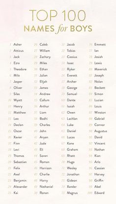 the top 100 names for boys on a white sheet with gold lettering and black letters