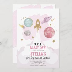 a pink and white space themed birthday party card with the words blast off stella's