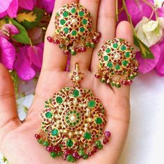 gold plated pendant set Traditional Green Ruby Jewelry, Traditional Green Jewelry With Pearl Pendant, Green Pendant Temple Jewelry Earrings, Temple Jewelry Green Pendant Earrings, Green Emerald Jewelry For Gift, Traditional Green Jewelry With Large Pendant, 22k Gold Jewelry Necklaces, 22k Gold Jewelry, Hanging Beads