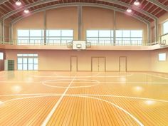 an indoor basketball court with hard wood flooring and lights shining on the side wall