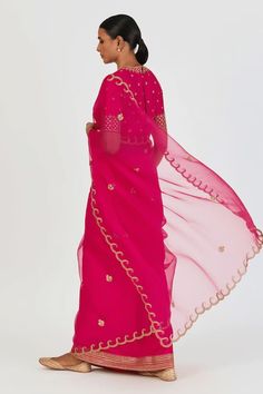 Fuchsia organza and silk saree with marodi and floral motifs embroidery. - Aza Fashions Pink Saree With Dori Work For Reception, Pink Sheer Dupatta Traditional Wear In Organza, Pink Silk Pre-draped Saree With Dori Work, Festive Organza Saree With Gota Work, Pink Reception Saree With Zari Work, Pink Pre-draped Saree With Dori Work For Festive Occasions, Festive Pink Saree With Sheer Dupatta, Pink Saree For Reception And Festivals, Festive Pink Pre-draped Saree With Dori Work