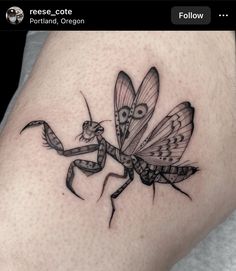 an insect tattoo on the thigh