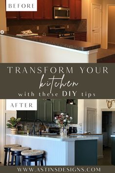 the before and after photos of a kitchen remodel with dark wood cabinets, white countertops, and black bar stools