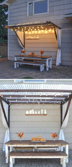 the outside of a house is decorated with lights and benches for sitting on it's own side