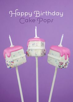 three birthday cake pops with sprinkles on them