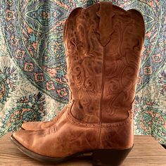 Lightly Worn Boots, Size 8 Brown Fitted Knee-high Boots For Rodeo, Justin Cowgirl Boots, Brown Knee-high Boots For Rodeo, Brown Ankle-high Western Boots, Western Brown Knee-high Boots With Snip Toe, Western Brown Knee-high Boots With Reinforced Heel, Justin Boots, Cowgirl Boots, Shoe Boots