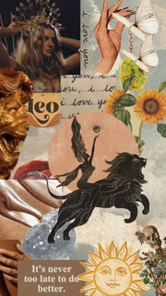 altered collage with images and text on it's side, including an image of a woman holding a sunflower