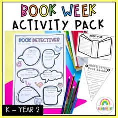 the book week activity pack is shown with books and pencils