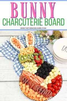 a bunny shaped platter with fruit and veggies on it is featured in the title