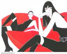 two women sitting on a red couch in black and white dresses, one with her hand on her chin