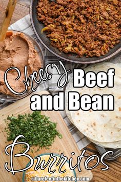 an image of beef and bean burritos with text overlay that reads cheesy beef and bean burritos