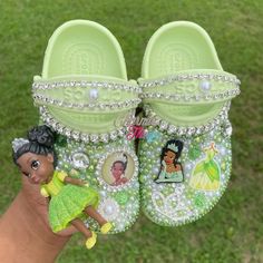 Princess Tiana Custom Shoes, Rhinestone Crocs Shoes, Crocs Business, Green Bedazzled Crocs, Purple Bling Crocs, Blinged Out Crocs, Blinged Crocs, Customized Diamond Crocs Shoes