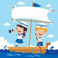 two children in sailor hats on a boat with a banner above them that says,