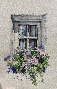 a watercolor painting of a window box with flowers in the foreground and an open window behind it