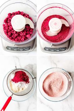 four pictures showing how to make raspberry souffle in a food processor