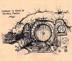 an ink drawing of a house with a barrel on the outside and words that read, cottage is found in unknown place