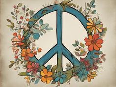 a peace sign surrounded by flowers and leaves