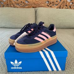 Sadly Too Big For Me :( Never Worn Besides Trying On Still Have Tags Hope Someone Can Enjoy Them! Pink And Blue Adidas Gazelle Outfit, Pink And Navy Adidas, Pink And Blue Sambas, Colorful Adidas, Pink And Navy Adidas Gazelle, Pink And Navy Spezial Adidas, Adidas Outfit Shoes, Shoes For School