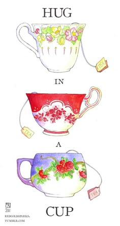 three tea cups and saucers painted with watercolors on white paper, each one has a flowered design