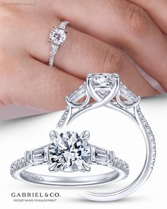 This unique 3 stone engagement ring is embellished with a pair of tapered baguette side stones, set horizontally beside a round center stone. The scalloped 14k white gold shank is encrusted in delicate round diamonds.  ER14796R4W44JJ #WhiteGoldEngagementRing#WhiteGoldRing#GabrielNY#DiamondJewelry#FineJewelry#RoundEngagementRing#RoundRing#GabrielAndCo#UniqueJewelry#BridalRing#BeautifulEngagementRing#DiamondRing#UniqueDiamondRing#ClassicRing#3StoneDiamondRing#3stoneEngagementRing#3StoneHaloDiamond Baguette Side Stones, Engagement Rings Channel Set, 3 Stone Engagement Ring, 3 Stone Diamond Ring, 3 Stone Engagement Rings, Natural Diamond Engagement Ring, Stone Engagement Ring, Silver Gemstone Jewelry, Three Stone Engagement Rings