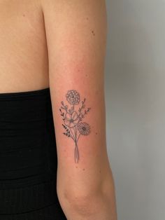 #smalltattoo #fineline #arm #flowertattoo #woman Womens Tattoos Flowers, Cutest Tattoos For Women Small, Upper Shoulder Flower Tattoo, Cosmo And Daffodil Tattoo, Womens Sticker Sleeve Tattoo, Daffodil Daisy Tattoo, Poppy And Narcissus Flower Tattoo, Small Butterfly Flower Tattoo, Birth Flower Tattoo Placement For Women