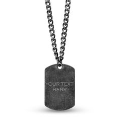 Let your personality shine with this stainless steel dog tag pendant necklace. The dog tag styling is a fashion mainstay for men, and the masculine vibe is accented by the antiqued finish. By giving this piece an older look, it feels almost like an heirloom that is sure to attract attention. The chain has been finished with a curb chain to accentuate the old-world feel of the piece. While some people like the simple look of a plain tag, the surface is also available for engraving. As an engravab Dog Tag Ideas, Dog Tag Pendant, Tag Ideas, Stainless Steel Pendant, Precious Jewelry, Antique Finish, Dog Tag, Curb Chain, Steel Jewelry