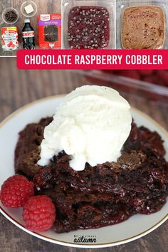 chocolate raspberry cobbler on a plate with ice cream and raspberries