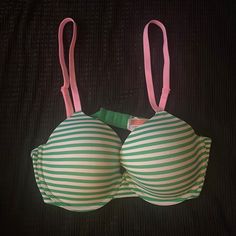 Victoria Secret Pink Bra Size 36d Brand New With Tags!! Green And White Stripe Excellent Condition! Brand New! Smoke And Pet Free Home Green Stretch Bra For Spring, Spring Green Stretch Bra, Green Seamless Bra For Spring, Spring Green Seamless Bra, Green Stretch Push-up Bra, White Push-up Swimwear For Beach, Spring Pink Bra With Lined Body, Green Summer Push-up Bra, Summer Green Push-up Bra