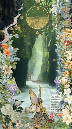 an image of a fairy tale with flowers and butterflies in the forest, surrounded by trees