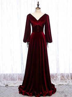 Dark Burgundy Velvet Long Sleeve V-neck Pleats Prom Dress,PL1218 on Luulla High Neck Long Sleeve Prom Dress, डिजाइनर कपड़े, Fancy Fashion, Simple Bridesmaid Dresses, Dream Prom, V Neck Prom Dresses, Red Velvet Dress, Long Sleeve Prom, Burgundy Bridesmaid Dresses