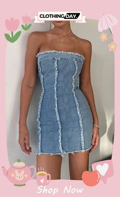 Blue Sexy Casual Solid Patchwork Backless Strapless Sleeveless Skinny Denim Dresses