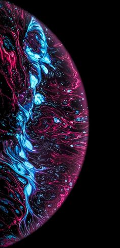 an abstract painting with blue, pink and purple colors on black background in circular shape