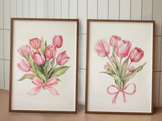 two framed pictures with pink tulips in watercolor on white paper next to each other