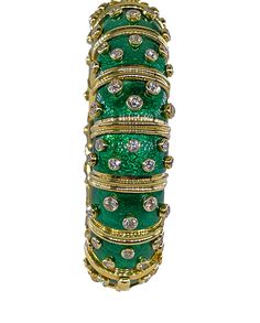 DIAMOND DOTS GREEN ENAMEL 18K GOLD BANGLE BRACELET, BY JEAN SCHLUMBERGER, TIFFANY & CO. PARIS"Jackie Bracelet" - A masterpiece of modern luxury, this Iconic Tiffany & Co. Schlumberger bracelet seamlessly blends classic elegance with contemporary flair. Designed as a green paillonné enamel hinged bangle bracelet, crafted with articulated links and sculpted gold vertical bands in solid yellow gold of 18 karats and embellished with applications of green hot enamel.Styled around, with 108 bezels (co Luxury Green Bangle, Green Luxury Bangle Jewelry, Formal Green Bracelets With 17 Jewels, Green Bangle Bracelet For Formal Occasions, Green Bangle Bracelets For Formal Occasions, Formal Green Bangle Bracelets, Green Jubilee Gold Bracelet For Formal Occasions, Formal Green Gold Jubilee Bracelet, Luxury Green Bangle Bracelets