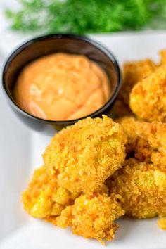 fried food on a plate with dipping sauce