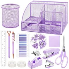 purple office supplies including pens, scissors and pencils