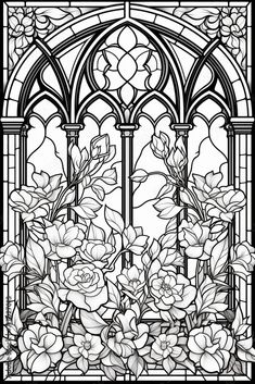 a stained glass window with flowers and leaves in black and white, as well as the outline