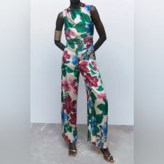 Nwt!! Size Xs Sleeveless Round Neck Jumpsuit. Wide Leg Design I Ship Same Day Or Next Day! Offers Welcomed! Smoke Free Home!!!!!!! Let Me Know If Measurements Needed!! Zara Casual Wide-leg Jumpsuits And Rompers, Zara Wide Leg Floral Print Pants, Zara Floral Overalls, Zara Floral Jumpsuit, Jumpsuit Wide Leg, Zara V-neck Floral Print Dresses, Zara Pants, Leg Design, Next Day