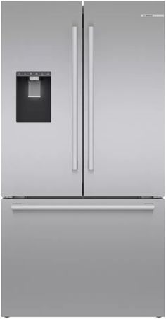 a stainless steel refrigerator freezer with two doors and no ice maker on the front