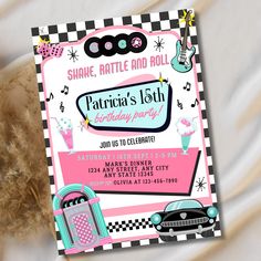 a pink and black birthday party card with an image of a lady bug, car