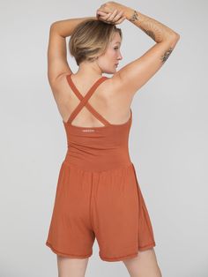 Lila Romper, Clay, Women's Activewear Rompers | IMBŌDHI Womens Activewear Tops, Fitted Jumper, Activewear Tops, Flowy Shorts, The Upside, Athleisure Outfits, Women's Activewear, Hold You, Sustainable Clothing