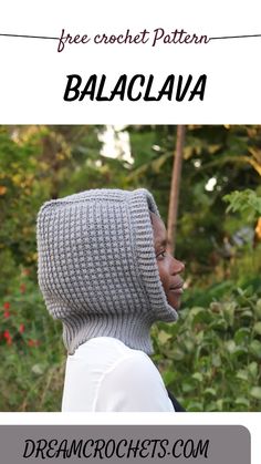 a woman wearing a knitted hat with text overlay that reads free crochet pattern balalava