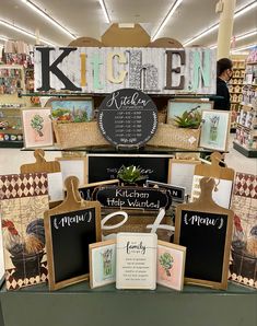 a display in a grocery store filled with lots of signs and pictures on the wall