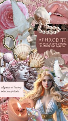 an image of a woman surrounded by flowers and seashells with the words aphrodite goddess of love beauty pleasure and passion